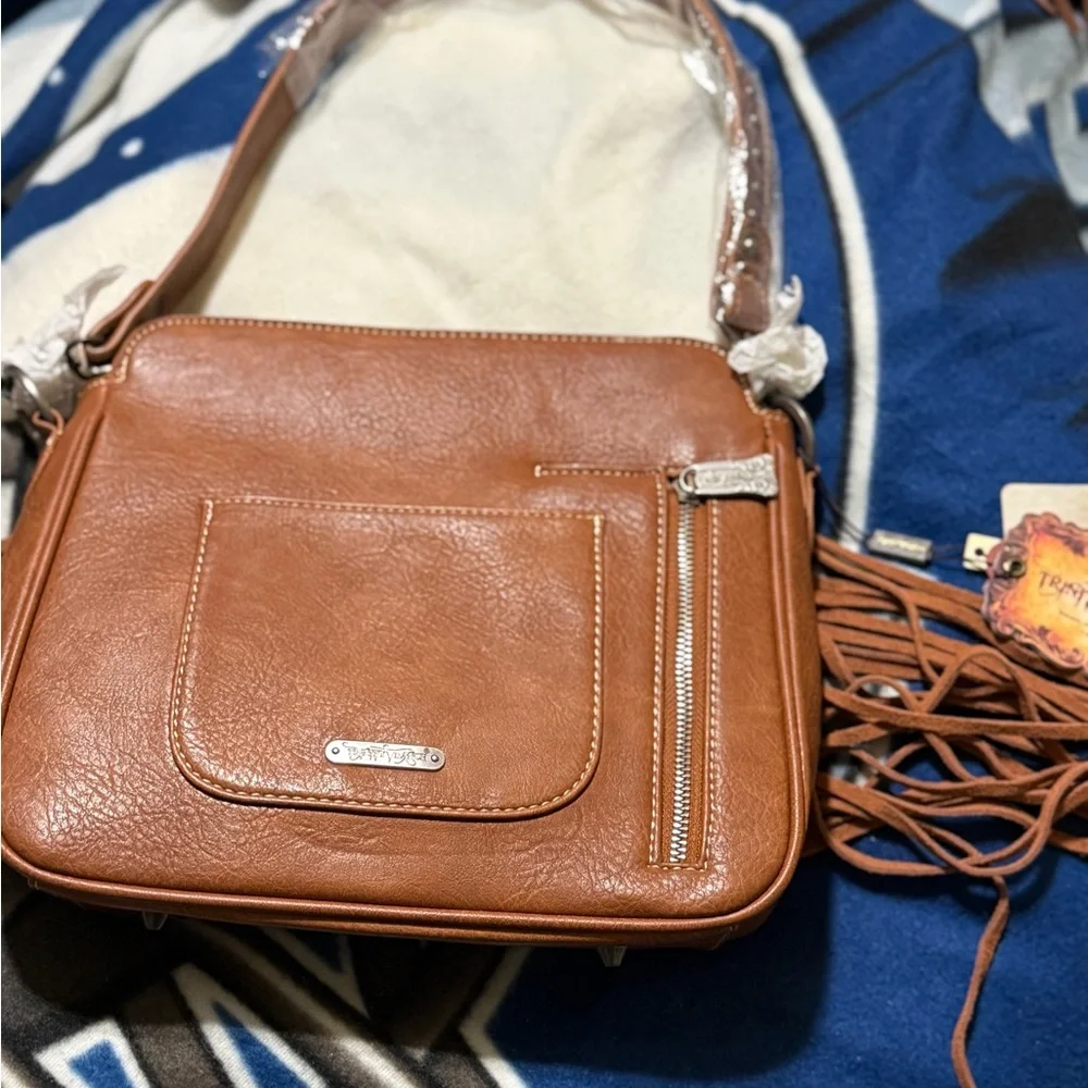 Western Style Brown and White Shoulder Bag with Fringe - Picture 2 of 3
